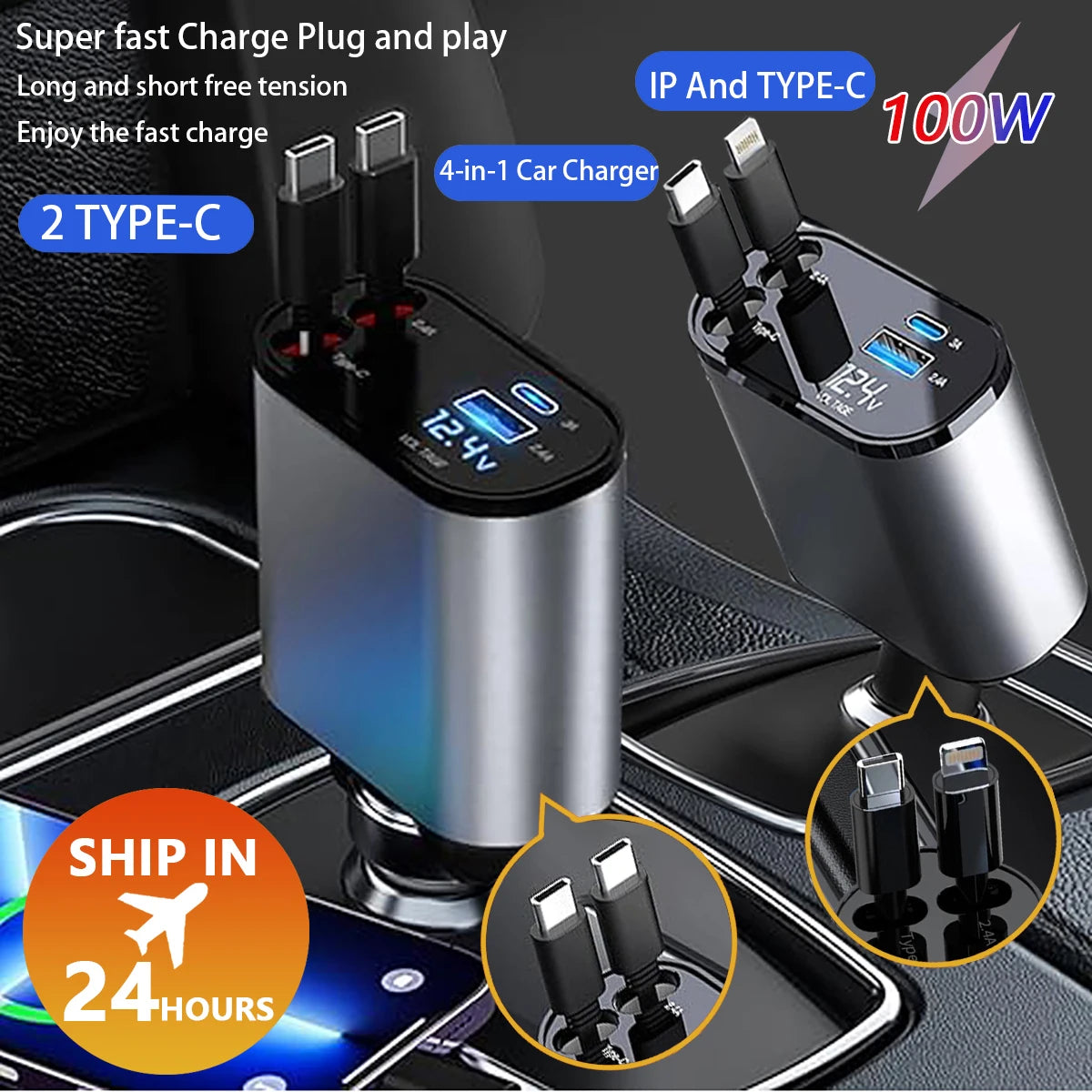 Car Charger 4 IN 1 Super Fast Charge & Car Charger Adapter For Android Phones, iPhone Phones