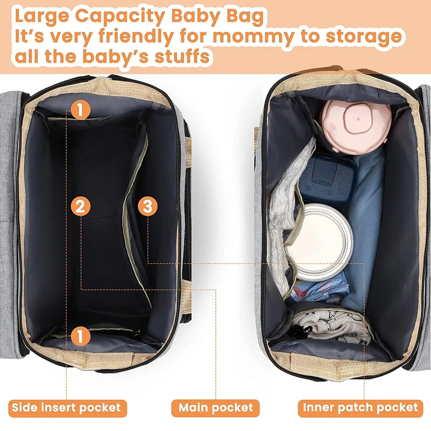 Fashionable Mommy Bag Folding Baby Bed Mother Large Capacity Portable Milk Bottle Diaper Double Shoulder Mom's Bag