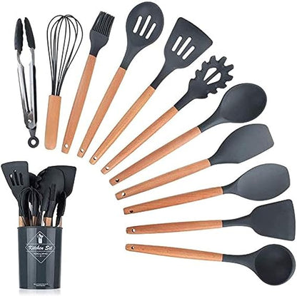 12PCS Silicone Kitchen Utensil Set with Wooden Handles | مجموعة أدوات مطبخ 12 قطعة سيليكون مع مقابض خشبية